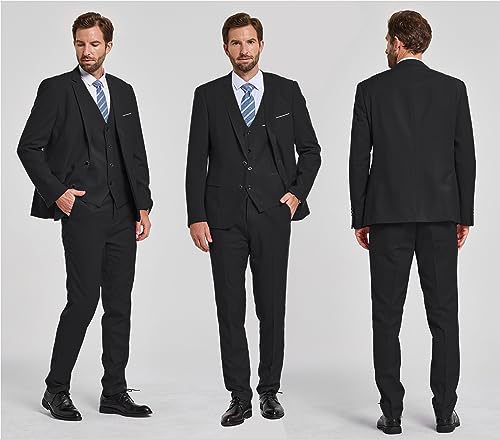 YND Men\'s Slim Fit 2 Button 3 Piece Suit Set, Blazer Jacket Vest Pants and Tie, Solid Wedding Dress Tux and Trousers Black - Thumbnail 4