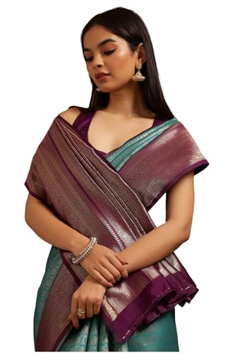 Womens Silk Blend Zari Woven Saree With Zari Woven