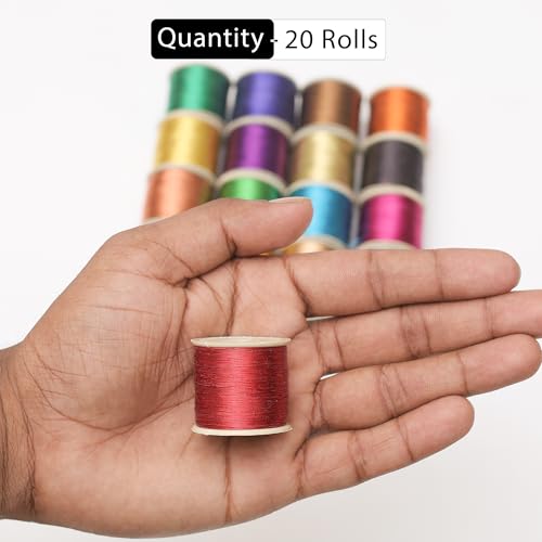 Image of EmbroideryMaterial Metallic Zari Thread Set - 20 Pieces Embroidery Threads All Colours | 0.1mm Thin, 85m Each | Zari Thread for Aari Work, Embroidery, Sewing & Jewellery Making