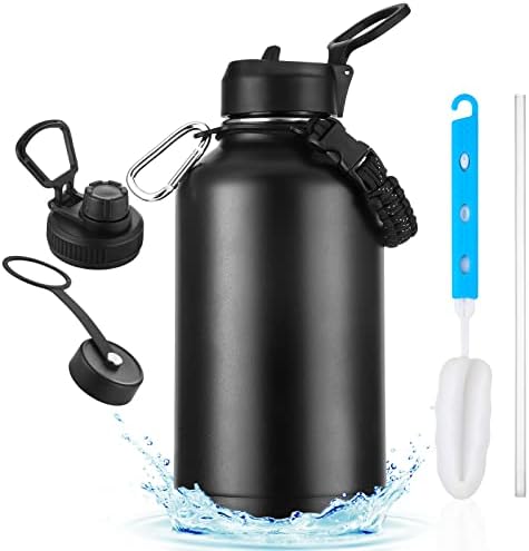 Insulated Stainless Steel Water Bottle, BELIBUY 2L/64oz Double Walled Wide Mouth With Straw Lid Sports Insulated Bottle, Leak Proof, BPA Free Cold & Hot For 24 Hrs for Outdoor Travel