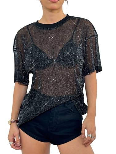 OYOANGLE Women's Sparkle Glitter Sheer See Through Top Short Sleeve Loose Casual Shiny Tshirt Mesh Shirt Blouse - Main Image