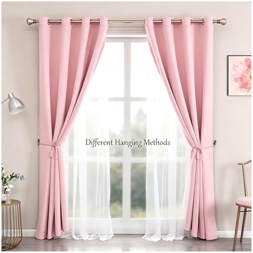 Image of Pink Blackout Curtains with Lace Hems Sheer Overlay, 2 Panels, Thermal Insulated & Soundproof, Room Darkening, Living Room, Bedroom - Modern Elegant Romanntic Pink Drapes, 52x84 Inches