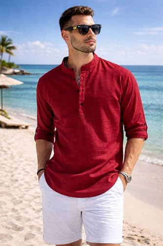 Image of Men's Cotton Blend Straight Kurta Shirt Combo with Mandarin Collar - Slim Fit Casual Short Kurti Set Featuring Textured Slub Fabric and Roll-Up Full Sleeves