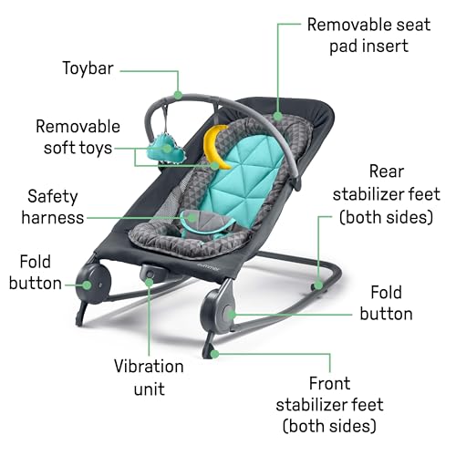 Summer Infant 2-in-1 Portable Bouncer & Rocker (Gray and Teal) with Toys and Soothing Vibrations for Babies