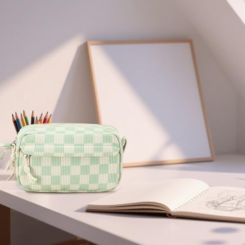 Image of Bluboon Big Capacity Pencil Case Pencil Pouch Pen Case School Supplies Cute Pencil Box Pencil Bag for Teen Girls Boys Women Man (Green White Checkered)