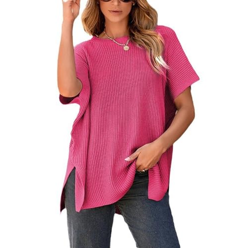 Loose-Fit Crewneck Knit Pullover Top, Casual Loose-Fitting Drop-Shoulder Short-Sleeved Top, Summer Tunic Sweaters