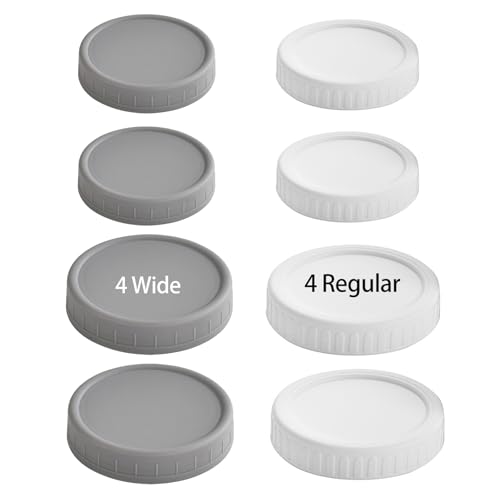 Deluxsa[8 Pack] 4 Wide Mouth & 4 Regular Mouth Mason Jar plastic Lids Fits Ball Kerr & More Storage Caps for Canning Jars Dishwasher Safe & Food Grade & Leakproof