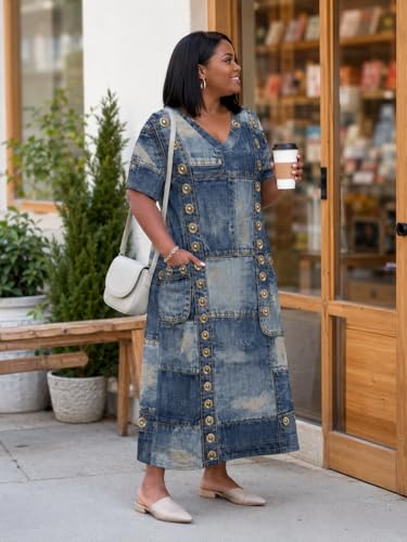 Image of SUZONANA Plus Size Denim Print Maxi Dresses for Women Casual V Neck Short Sleeve with Pockets Soft Jean Look Dress XL-6XL