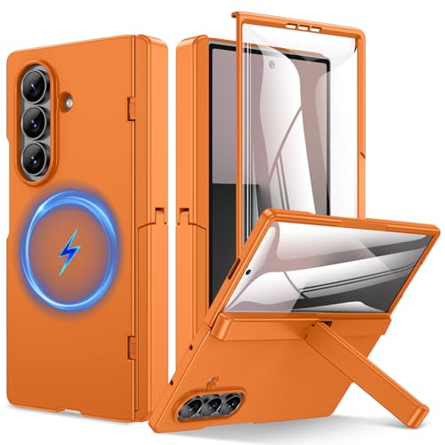 Doeshine für Samsung Galaxy Z Fold 7 Hülle mit Kickstand [Kompatibel mit Magnetisch] Front-Displayschutz & Hingeschutz Wireless Charging Kompatibel Schlanke Stoßfeste Schutzhülle Orange