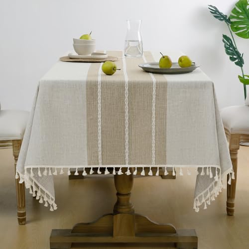 Softalker Outdoor Linen Tablecloth Rectangle, Waterproof Cotton Boho Farmhouse Table Cloths with Tassel, Heavy Weight Wrinkle Free Table Cover for Picnic Camping Dining - 55 x 70 Inch, Coffee Lines