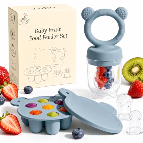 Silikon Fruchtsauger Baby: Schnuller und Muttermilch, Eis am Stiel, Gefrierschrank, Aufbewahrungsbehälter für Babynahrung, Eiswürfel für Babyzahnen und Selbstfütterung (Blau)