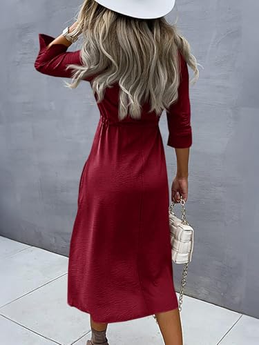 Image of Febriajuce Women's 3 /4 Sleeve Midi Dress Casual Drawstring Belted Round Neck Plain Tie Waist Loose High Waist Long Dress