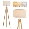 ELYONA Nordic Wood Tripod Floor Lamp, Modern Reading Standing Lamp for Living Room 3 Color Temperatures LED Bulb Included Flaxen Lamp Shade, Boho Natural Wooden floor lamp for Bedroom Office Kids Room