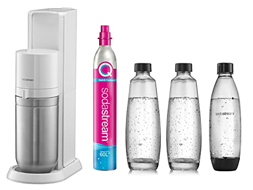 sodastream Pack Machine à Eau Pétillante et Soda 2 en 1 Duo Blanche, 2 carafes en Verre Duo 1L, 1 bouteille Fuse 1L Lave Vaisselle et 1 Cylindre de CO2 60L Quick Connect à Clipser [Amazon Exclusive]