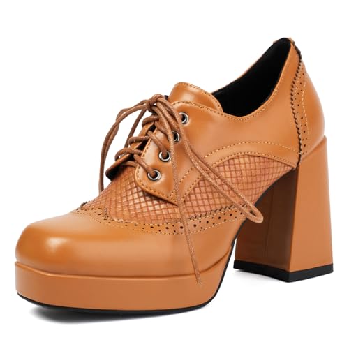 Richelieu femme Lizoleor à talon carré et plateforme oxford rétro marron