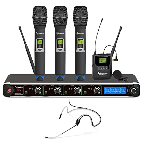 AVTronics SYSQ3H1L Professional 200 Channels UHF Three Wireless Handheld Microphone System with LCD Display, and One Beltpack with Lapel Microphone, and an AFL Series Headset Microphone - Black