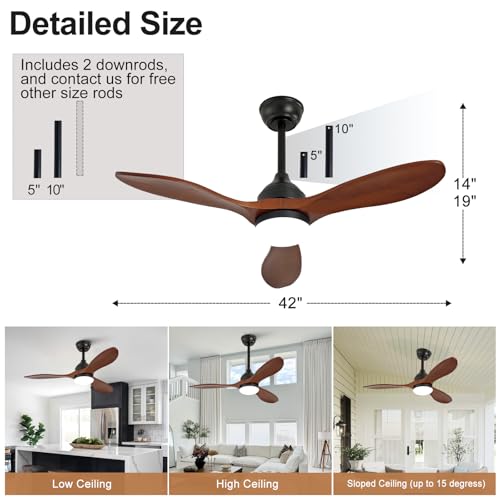 Image of OKDNEG 42 Inch Ceiling Fans with Lights and Remote, 3 Wood Fan Blades Ceiling Fan,3CCT Dimmable,Timer,Quiet DC Motor,6 Speed,Indoor Outdoor Ceiling Fan for Offices Farmhouse Gazebo Patio