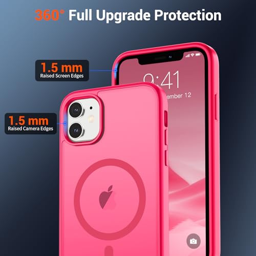 Image of SUPFINE Magnetic for iPhone 11 Phone Case with Screen Protector (Compatible with MagSafe) (Military Grade Drop Protection) Slim Translucent Matte Shockproof Phone Cover,Hot Pink