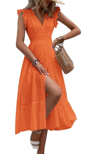 Image of chouyatou Women's Summer Flutter Sleeve Embroidery Eyelet Lace Dress V-Neck A-Line Beach Sun Dress