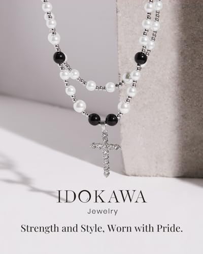 Cross Necklace for Men Black White Pearl Necklace Rosary Stainless Steel Necklace 10mm Double Layered Cuban Link Fashion Jewelry Baptism Gifts for Him3