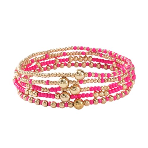 Bohemia Multilayer Resin Beaded Stackable Bracelets Set Colorful Surfer Heishi Gold Beaded Stretch Bracelets Friendship Elastic Wristbands for Women Men Summer Beach Boho Vacation Jewelry-Hot pink