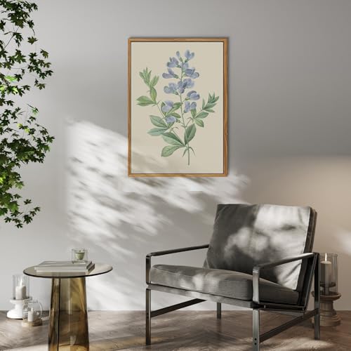 crmotu Framed Wall Art for Living Room, Blue Floral Botanical Canvas Prints, Minimalist Flower Vintage Wall Decor, Pea Branch Leaf Wall Pictures for Bathroom Bedroom Above Bed Kitchen, 16x24 inch