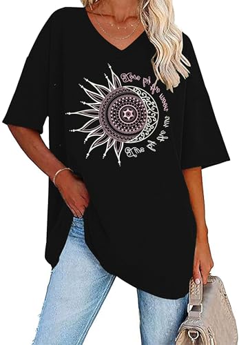 WNEEDU T-Shirt Damen Sommer Oversize Shirt Kurzarm V Ausschnitt Oberteile lässiges Top Schwarze Sonne 3XL