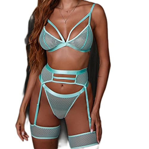 WEITING Dessous Frauen Unterwäsche Set Netzspitze BH Sexy Dessous Set 3-teiliges Dessous Set - Mintgrün, M
