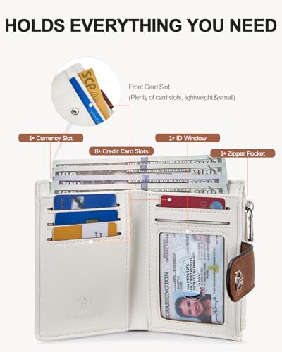 BOSTANTEN Small Wallet for Women Leather RFID Blocking Card Holder Bifold Compact Wallets With Zipper Coin Pocket Brown＆White2