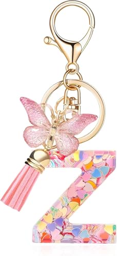 Image of GEOCARTER Lightweight Fashion Initial Letter Key Ring with Butterfly Pendant & Tassel, Stylish Purse Charm for Handbags, Car Keys, Gifts for Girls & Women