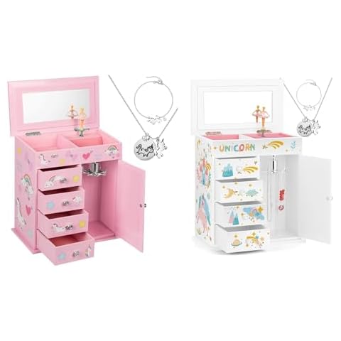 efubaby Upgrade Jewelry Box for Girls 5-Layer with Swing Door Spinning Ballerina Unicorn &Castle Design Unicorn Jewelry Set Cover