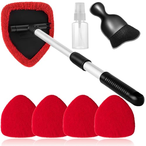 Qydipclin 7pcs Windshield Cleaner Tool Car Window Cleaning Wash Kit with 4 Reusable Microfiber Pads 1 Spray Bottle and Extendable Handle Auto Glass Wiper Kit, Red