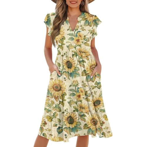 Image of Women's Casual Ruffle Sleeve Dress V Neck Pullover Dress Flowy A-Line Pleated Lightweight Dress with Pockets