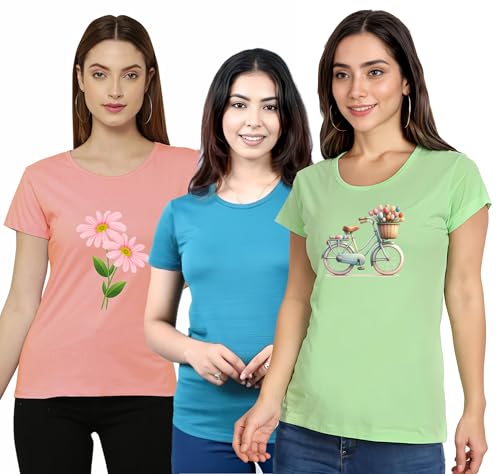 Image of MODISH Women's Super Combed Cotton Rich Relaxed Fit Solid T-Shirt. Curved Hem Styled Half Sleeve Printed Tops