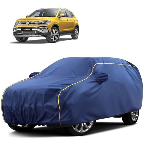 Image of Sulfar 100% Water Resistant Car Body Cover Compatible with Mirror for Volkswagen Taigun (Triple Stitched, Full Bottom Elastic, Blue Tafetta with Yellow Piping)