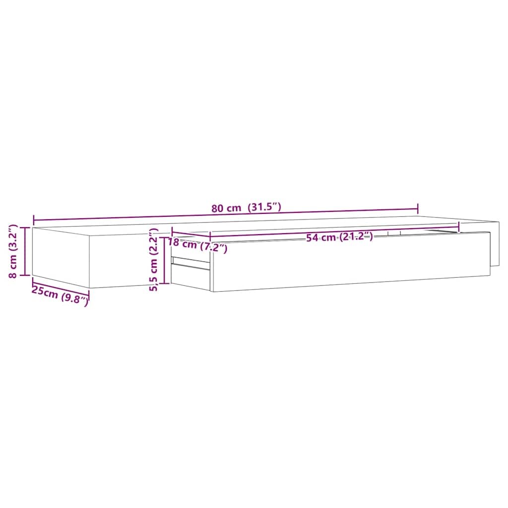 Regał wiszący z szufladą, czarny, z płyty MDF, 80 x 25 x 8 cm, regał ścienny z niewidocznym systemem montażowym, zajmuje mało miejsca, nowoczesny do salonu, sypialni, biura, miejsca do