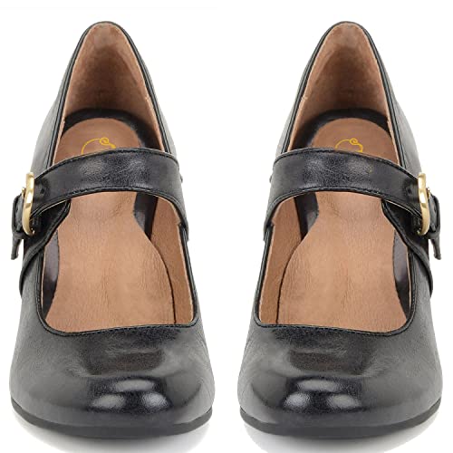 Image of SHODENSE Women Vintage Chunky High Heel Mary Jane Shoes Round Closed Toe Ankle Strap Dress Sandals 3 inch Block Heels Mary Jane Lolita Pumps Two-Toned Patchwork Buckle Office Lady Wedding Retro 4-11 M US