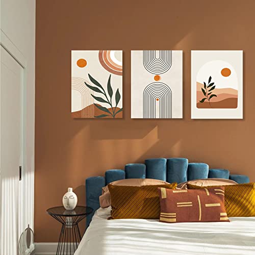 Boho Wall Art Set Of 3, Mid-Century Modern Wall Prints Framed Canvas Paintings Minimalist Abstract Geometric Beige Orange Moon Plant Desert Nature Illustrations Artwork, Boho Wall Decor Ready To Hang For Living Room Bedroom Bathroom Office(12"X16") #TOP2