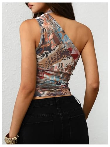 Image of RoseSeek Women's Y2K Leopard Polka Dots Halter Asymmetrical Neck Crop Tops
