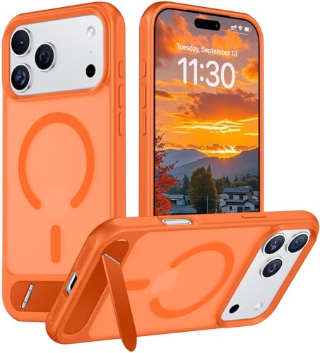 Image of Designed for iPhone 17 Pro Case, [Built-in Invisible Kickstand][Compatible with MagSafe][Military Grade Shockproof] Slim Translucent Matte Phone Case 6.3 inch (Orange)