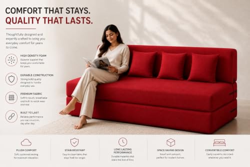 Image of Four Seater Sofa Cum Bed 6x6 Ft with Soft Foam Cushioning, Comfortable Foldable Sofa Bed for Living Room, Bedroom, Guest Room & Office(Red)