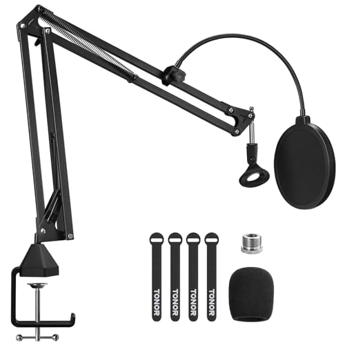 TONOR Support de Microphone, Bras de Suspension à Ciseaux pour Studio avec Filtre anti-pop, Adaptateur 3/8 à 5/8, Pince de Micro, Pince de Fixation Renforcée pour Podcasts, Streaming, Gaming, T30