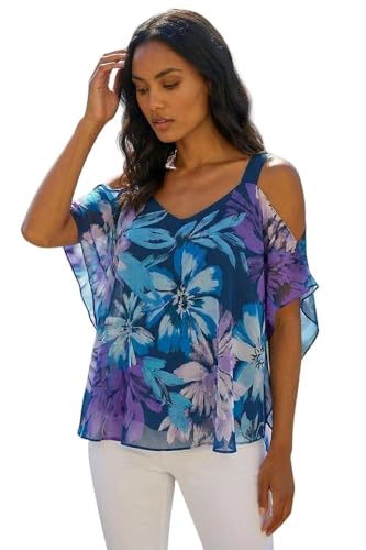 Roman Originals Womens Oriental Cold Shoulder Top - Ladies Round Neck Everyday Smart Casual Work Office Meeting Comfortable Round Neck Jersey Tops - Purple - Size 16