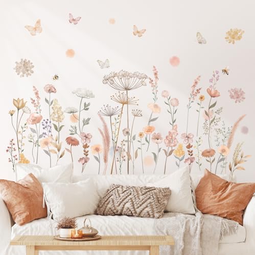 DECOWALL SG2-2421 Wandtattoos mit Boho-Blumen in Aquarell Wildblumen Blumen Gras Schlafzimmer Wohndekor Kunst bunt rosa Pflanzen entfernbar Abziehen und ankleben Kinderzimmer Heim DIY Blätter Garten