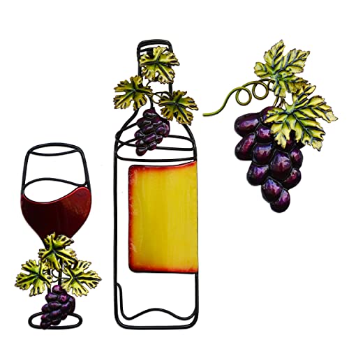 NewVees Metal Wall Decor, Kitchen Wine Decoration - Red Wine Glass & Bottle Fake Grape Hanging Ornament for Home, Living Room, Dining Room, Bedroom, Bar - Indoor/Outdoor, 3 pcs, 11 inch