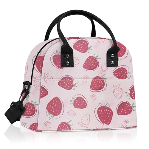 Clastyle Sommer Groß Isolierte Lunchtasche Frauen Wasserdichte Klein Kühltasche Erwachsene mit Riemen Auslaufsicher Brotzeittasche für Picknick Arbeit Büro,Rosa Erdbeere