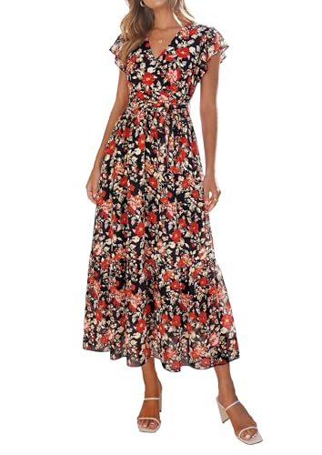Image of PRETTYGARDEN 2023 Women's Floral Summer Dress V Neck Short Sleeve Ruffle Hem A-Line Boho Maxi Dresses