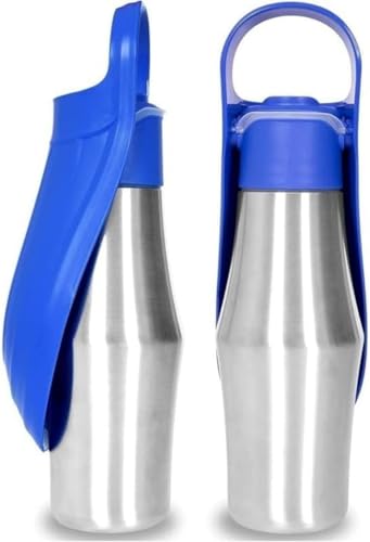 WOLKKAM ペット用ウォーターボトル ステンレススチール製 ペット用 散歩用 犬用飲用噴水 ポータブル ポータブル 飲用噴水 散歩用 トラフ付き こぼれない 持ち運び簡単 (ブルー)