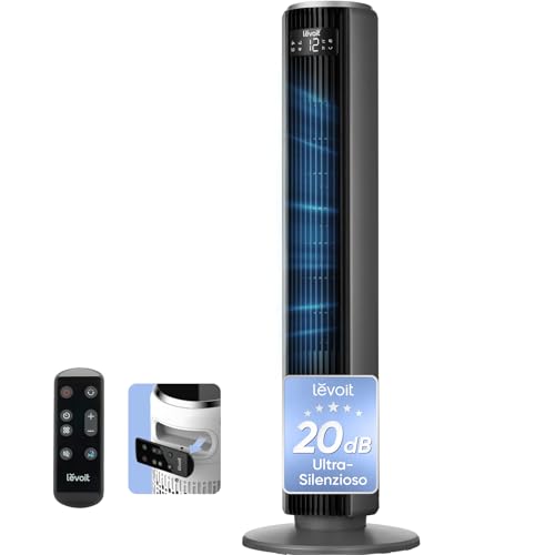 Levoit Ventilatore a Torre 20 dB, 3 Modalità, 5 Velocità, Oscillazione 90° Timer 12H, Risparmio 26W, per Camera Letto, 92 cm, Grigio