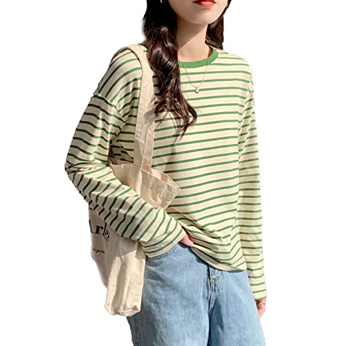 [Wowcarbazole] ボーダー 長袖 レディース ｔシャツ ロンt カットソー 綿 ゆったり トップス おしゃれ クルーネック 春 秋